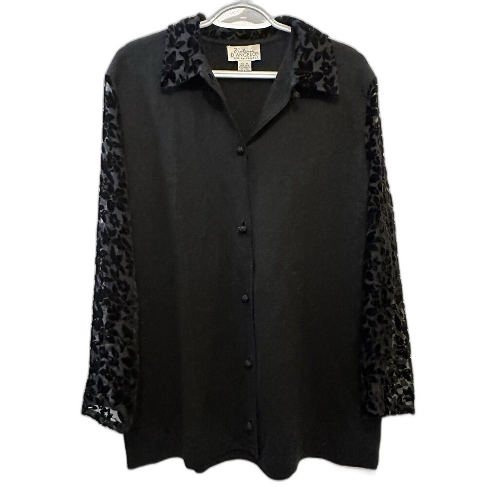 Victoria D'Angelo XL Silk Cashmere Cardigan Black Velvet Burnout Floral Vintage